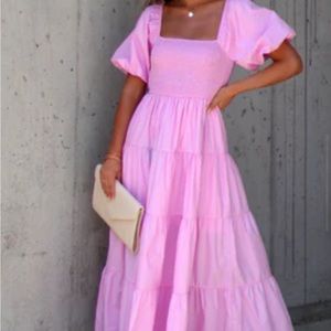 Vici Pink Puff Sleeve Tiered Midi Dress